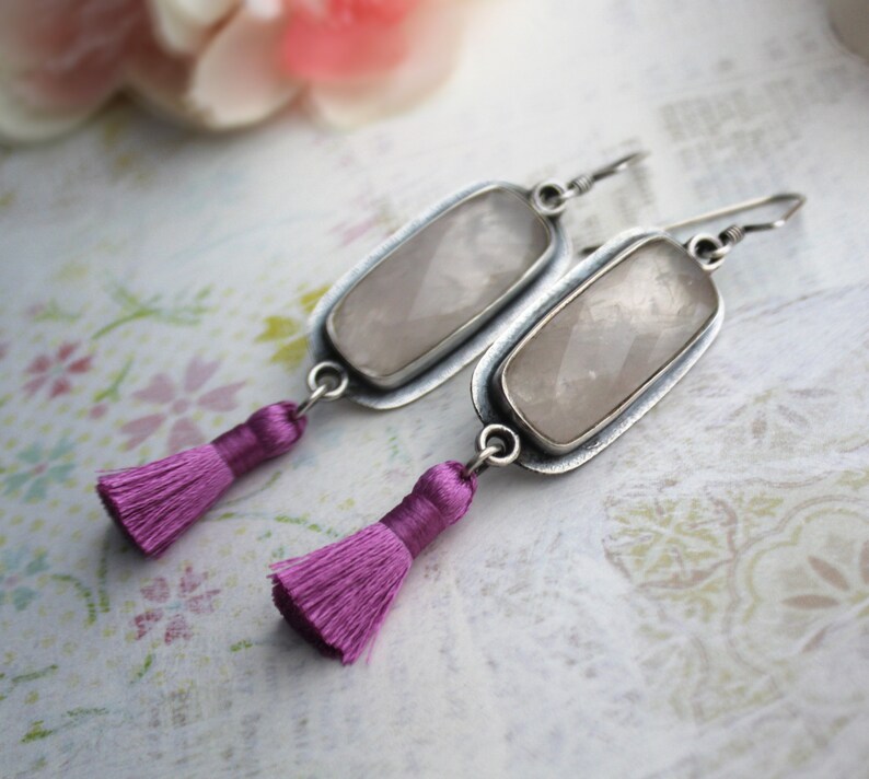 Sterling Silver, Rose Quartz, and Fuschia Tassel Dangle Earrings Multi Gemstone Metalwork Jewelry Silversmith Stone Jewelry image 8