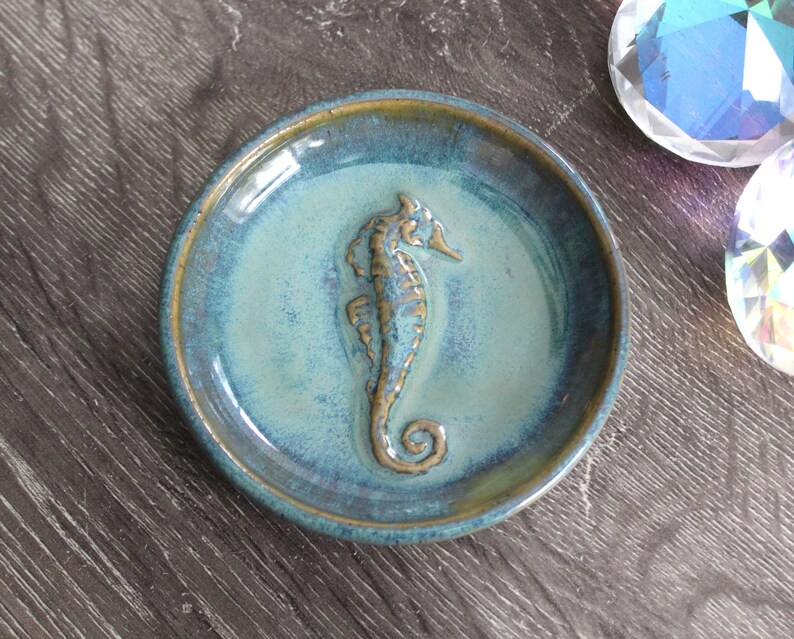 Ceramic Seahorse Trinket Dish in Turquoise Handmade Sea Ceramic Pottery Jewelry Dish Ocean Clay Art image 1