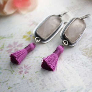 Sterling Silver, Rose Quartz, and Fuschia Tassel Dangle Earrings Multi Gemstone Metalwork Jewelry Silversmith Stone Jewelry image 7