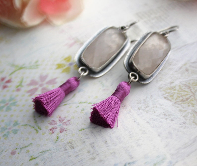 Sterling Silver, Rose Quartz, and Fuschia Tassel Dangle Earrings Multi Gemstone Metalwork Jewelry Silversmith Stone Jewelry image 7