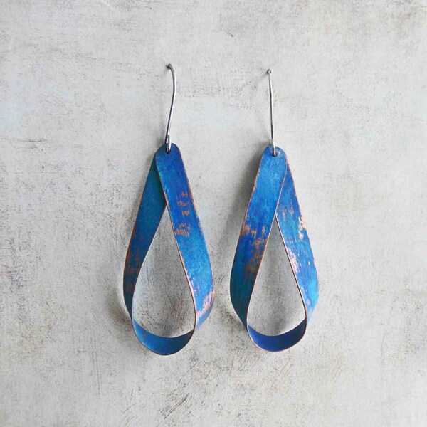 Azure Blue Patina Copper Hoop Earrings - Handcrafted Metalwork Earrings - Boho Jewelry