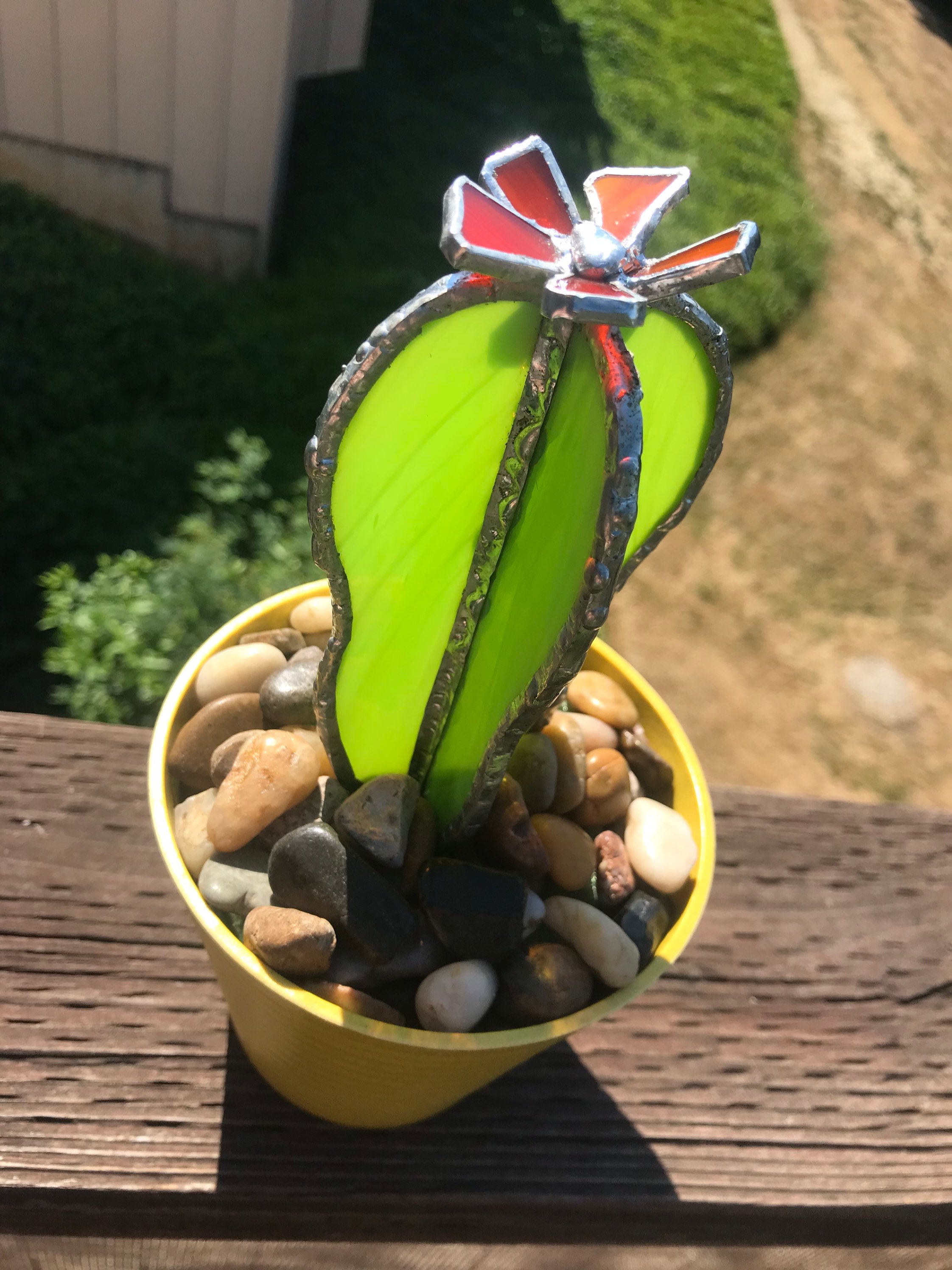 Stained glass barrel cactus with orange flower in a pot Etsy