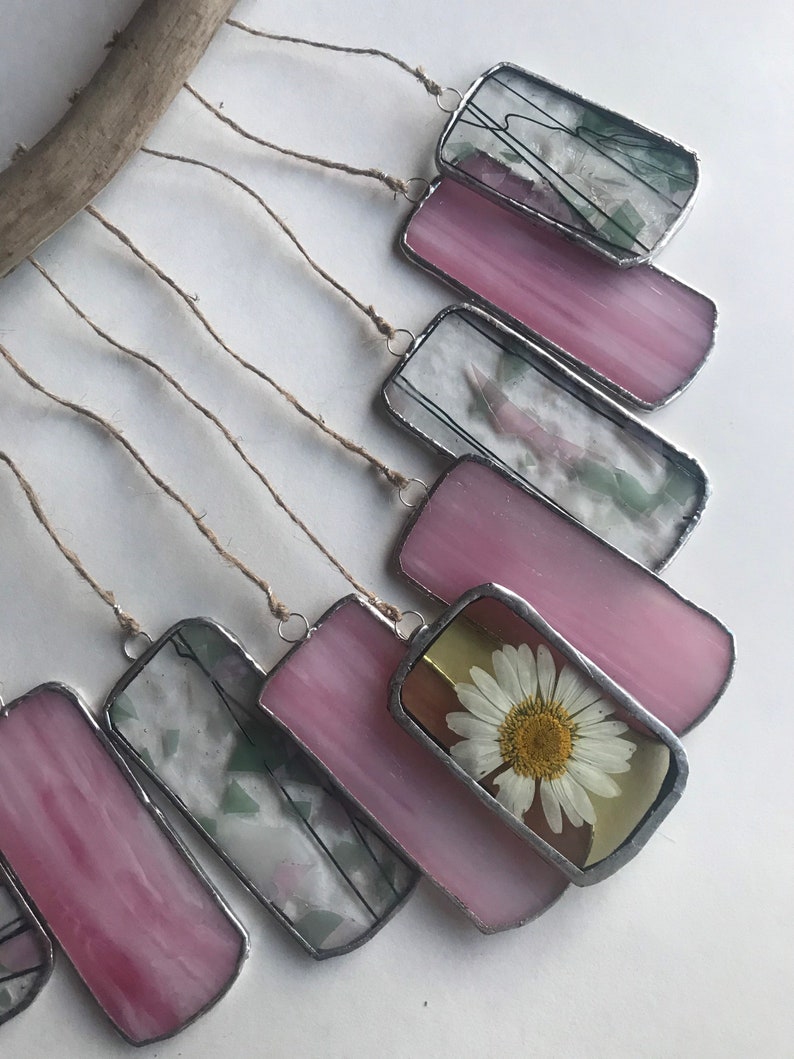 Pressed Flowers Stained Glass Wind Chime Sun Catcher Mobile