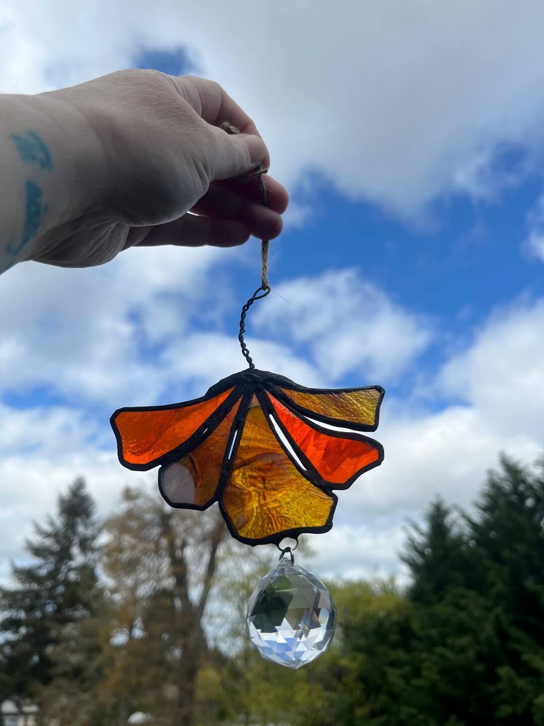 Stained Glass Ginkgo Leaf With Crystal Prism Etsy