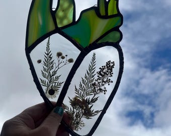 Stained Glass Anatomical Heart with Pressed Flowers