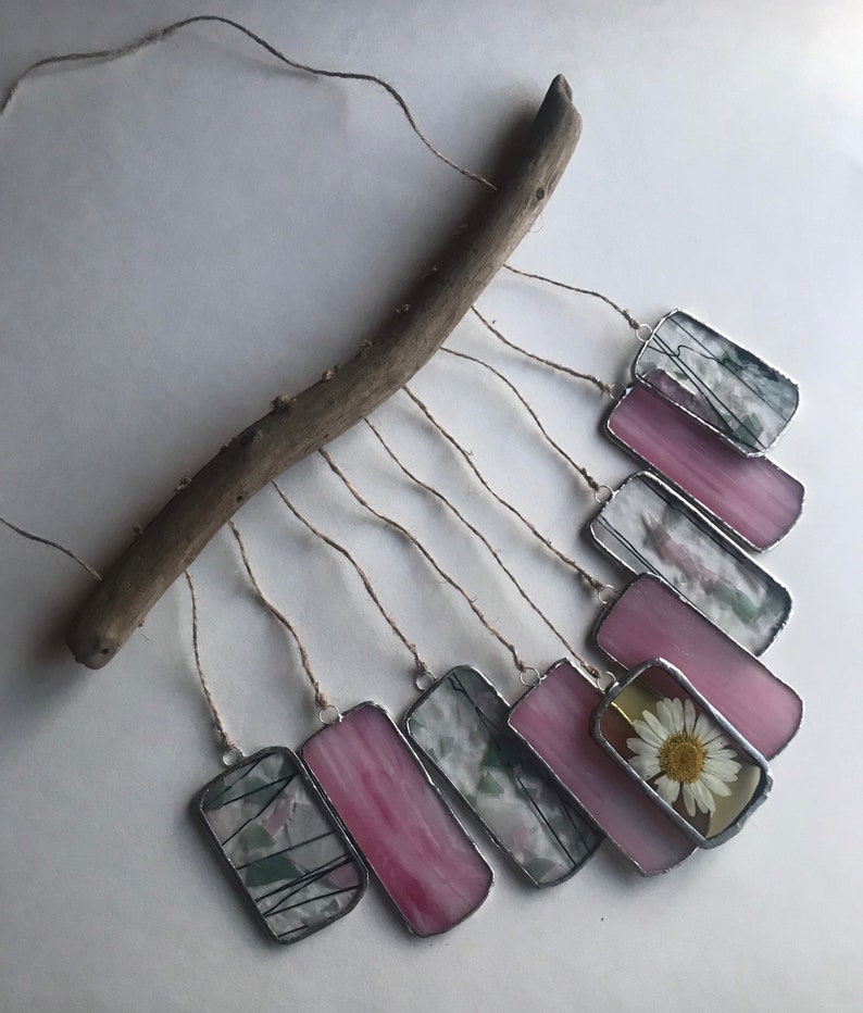 Pressed Flowers Stained Glass Wind Chime Sun Catcher Mobile