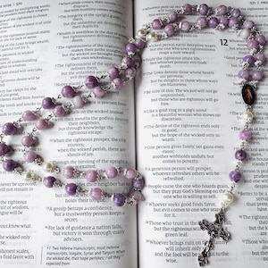 Handmade Swarovski Pearls and White with Blue Flower Lampwork Glass Bead Rosary