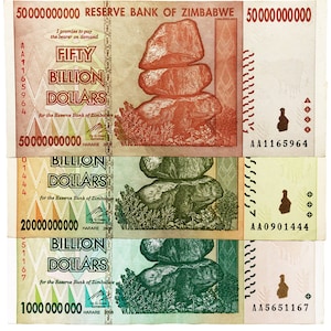 Billetes de 1, 20 y 50 mil millones de dólares de Zimbabwe Dinero Moneda Hiperinflación Billones