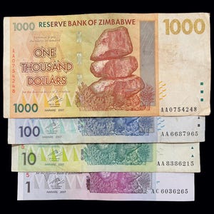 Zimbabwe 4 Banknotes Set 1 10 100 1000 Dollars World Paper Money Lot Bonds Notes