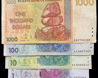 Zimbabwe 4 Banknotes Set 1 10 100 1000 Dollars World Paper Money Lot Bonds Notes