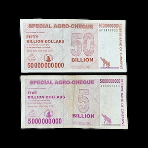 Zimbabwe 5 & 50 Billion Dollar Agro Cheque Bills Banknotes Money Hyperinflation
