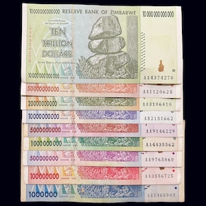 Zimbabwe 9 Banknotes Dollars Set 1 5 10 100 500 Million Billion Trillion Money World Lot