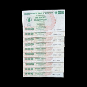 10 billetes de cheques al portador de 100 millones de dólares de Zimbabwe - Pre Agro Billion
