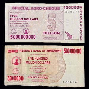 Zimbabwe 500 Million Bearer Cheque & 5 Billion Special Agro Cheque Dollars Bonds