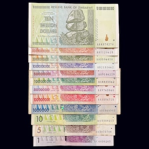 Juego de 12 billetes de Zimbabwe: 1, 5, 10, 100, 500 millones, billones de dólares