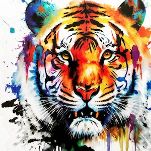 May include: A colorful watercolor painting of a tiger's face. The tiger has orange and black stripes, and the background is a white canvas with splashes of blue, green, purple, and red paint.