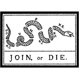 May include: Black and white illustration of a segmented snake, with the words "JOIN, or DIE" below. The snake is divided into sections, each labeled with the initials of colonial states. A historical symbol of unity.
