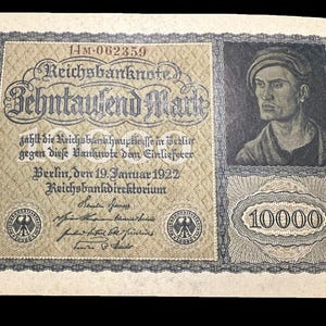 1922 Germania 10000 Mark Post WW1 Pre WW2 Banconota Carta Moneta Kaiser VF-AU