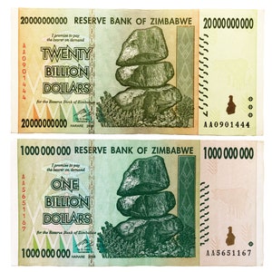Zimbabwe 1 and 20 Billion Dollar Bills Banknotes Paper Money World Currency