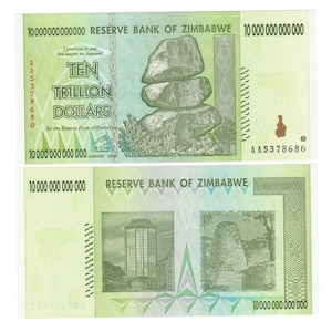 May include: A Zimbabwean ten trillion dollar banknote. The front displays the text "TEN TRILLION DOLLARS" and an image of balancing rocks. The reverse side shows a building and a monument. The note is mainly green.