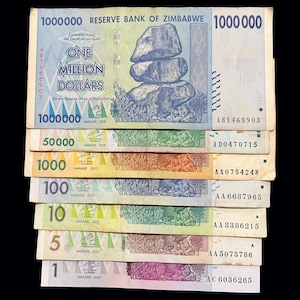 Zimbabwe 7 Banknotes Set 1 5 10 100 1000 50000 Million Dollar World Money Lot