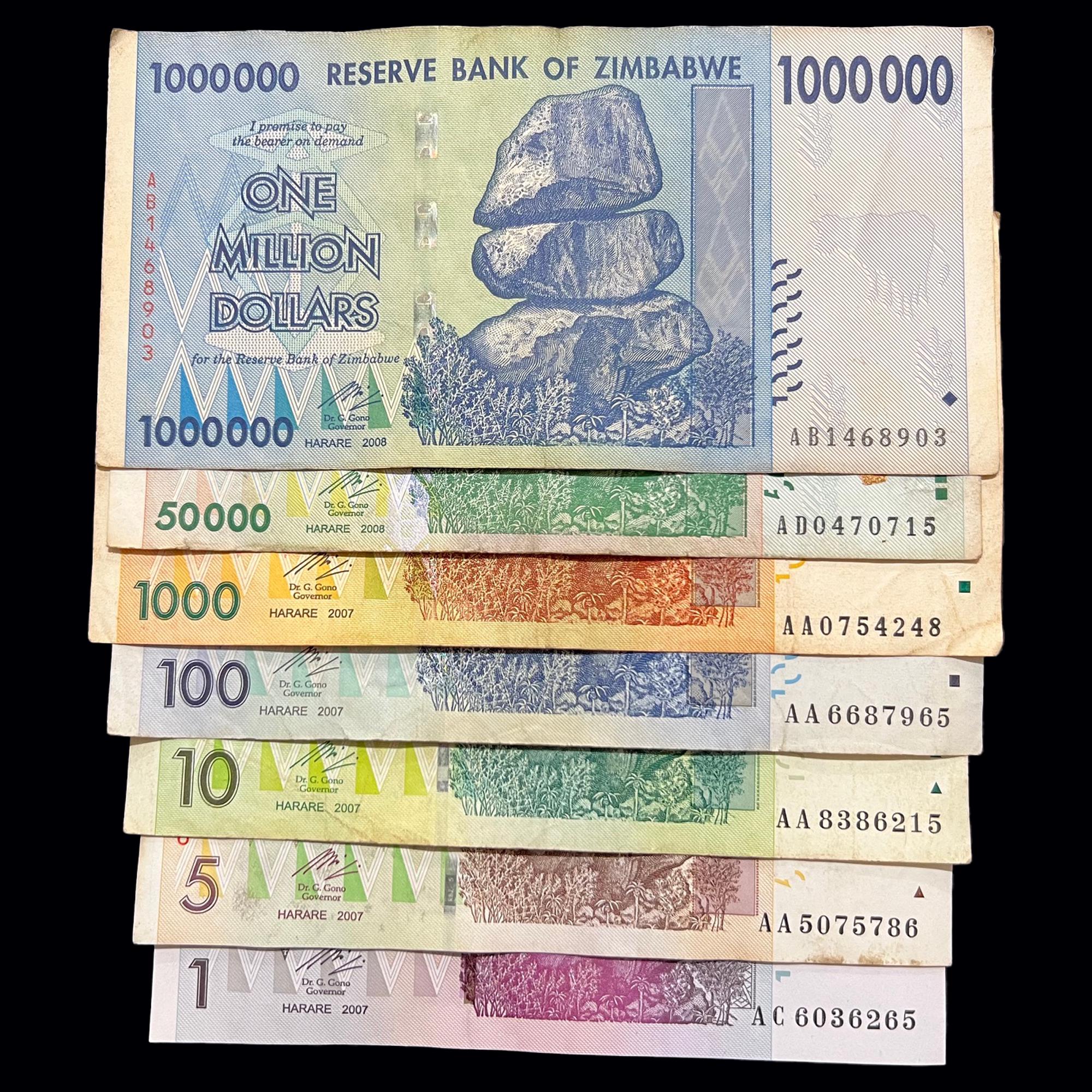 Zimbabwe 7 Banknotes Set 1 5 10 100 1000 50000 Million Dollar World Money  Lot - Etsy