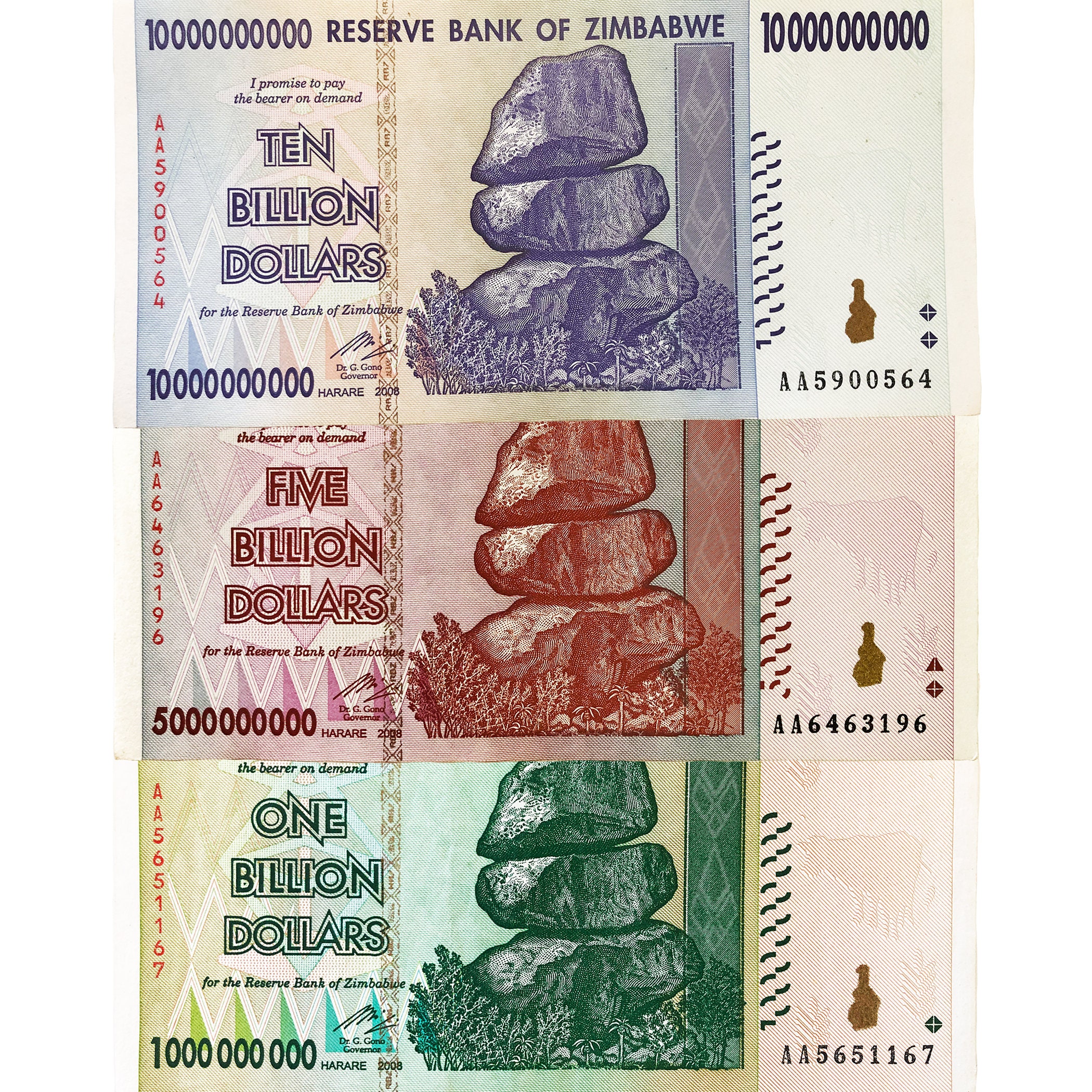 Zimbabwe 1, 5, and 10 Billion Dollar Bills World Currency