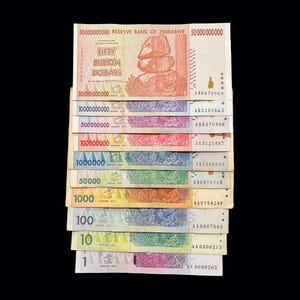 Zimbabwe 10 Banknotes Set 1 10 50 100 1000 Million Billion Dollars Paper Money