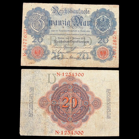 1914 German 20 Mark Banknote WW1 WWI Military Inflation Fascist Kaiser War