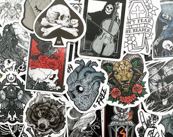 50 Gothic Black and White Cool Laptop Stickers Dark Skull Tattoo Goth Decals