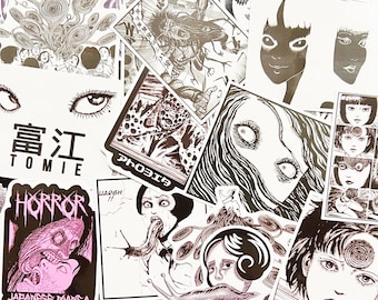May include: A collection of Japanese manga stickers featuring black and white illustrations with some pink accents. The stickers showcase various horror-themed images, including faces, eyes, and grotesque figures. Some stickers have Japanese text.