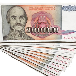 May include: A stack of ten 5,000,000,000 Yugoslav dinar banknotes featuring a portrait of Miloš Obrenović, the Prince of Serbia, with the text "NARODNA BANKA JUGOSLAVIJE" and "50000000000" printed on the front.