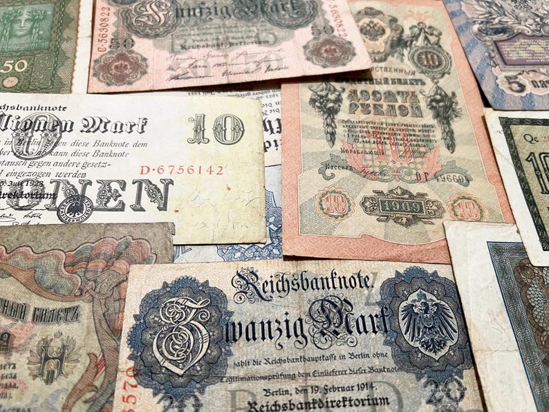 100+ år gamla 5 slumpmässiga vintagesedlar antika pengar set valuta kontanter gåva bild 2