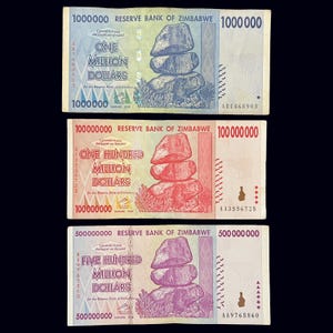 Zimbabwe 1, 100, & 500 Million Dollar Bills Banknotes Paper Money World Currency