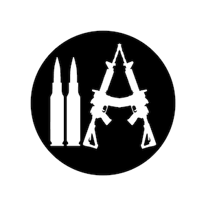 May include: A black circle with white silhouettes of two bullets and two rifles forming the letter "A". The rifles are positioned to create the shape of the letter, with the bullets to the left.
