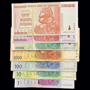 Zimbabwe 7 Banknotes Set 1 10 100 1000 50000 & 5 50 Billion Dollars Paper Money