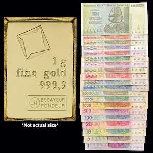 1 Gram Gold Bar From CombiBar Valcambi Suisse & 20 Hyperinflation Banknote Set