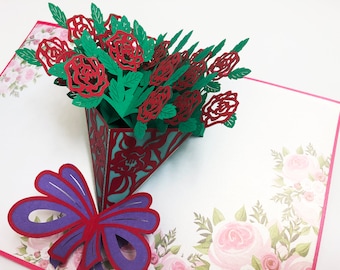 Handmade 3D Pop Up Rose Bouquet Flowers Wedding Anniversary Valentine Card #5A