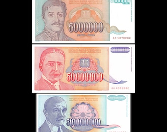 Yugoslavia 5, 50, 500 Million Dinara 1993 Banknotes Hyperinflation Currency