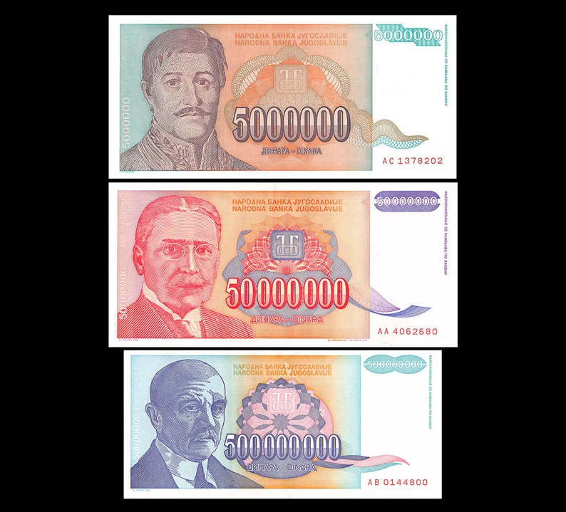 thumbnail interactive-video image 1 of Yugoslavia Hyperinflation Banknote Set – 18 Notes: 5 To 500 Million Dinara, 1993 1 of 5