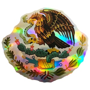 Calcomanía brillante de 3 pulgadas con bandera mexicana, escudo de armas, águila y pájaro halcón y serpiente