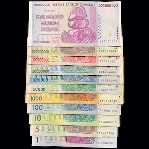 Juego de 11 billetes de Zimbabwe: 1, 5, 10, 100, 200, 500, 1000 millones de dólares