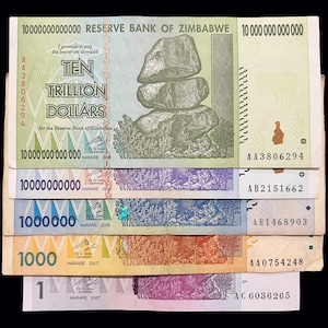 Zimbabwe 5 Banknotes Set 1 10 1000 Million Billion Trillion Dollars Paper Money