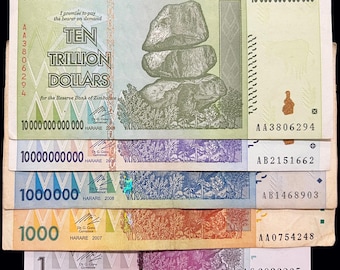 Juego de 5 billetes de Zimbabwe, 1 10 1000 millones de billones de dólares, papel moneda