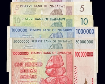 Zimbabwe 6 Banknotes Dollars Set 1 5 10 & 1 50 100 Million Money World Currency