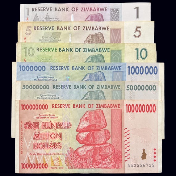 ジンバブエ 6 紙幣 ドル セット 1 5 10 & 1 50 1 億 お金 世界通貨