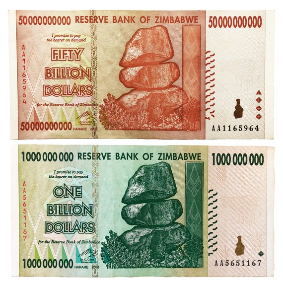 Zimbabwe 1 and 50 Billion Dollar Bills Banknotes Paper Money World