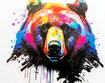 Colorful Grizzly Bear Face 3 Inch Transparent Sticker