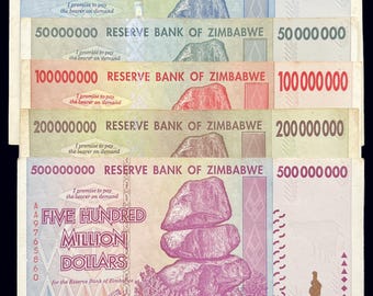 Juego de 5 billetes de Zimbabwe: 1, 50, 100, 200 y 500 millones de dólares