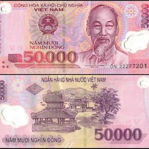Puede incluir: Billete vietnamita rosa de 50.000 dongs. El anverso presenta un retrato de Ho Chi Minh y el texto "Năm mươi ngh&igrave;n đồng". El reverso muestra una pagoda y un paisaje. N&uacute;mero de serie ON 22277201.